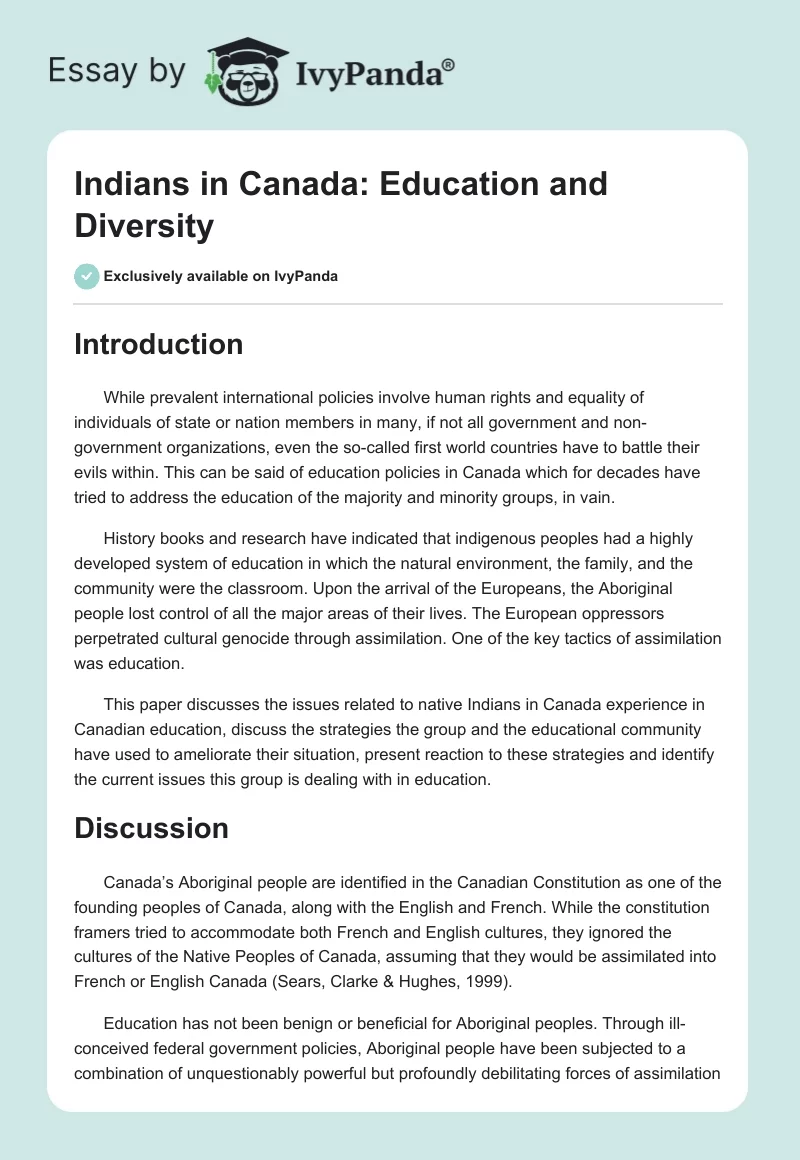 Indians in Canada: Education and Diversity. Page 1