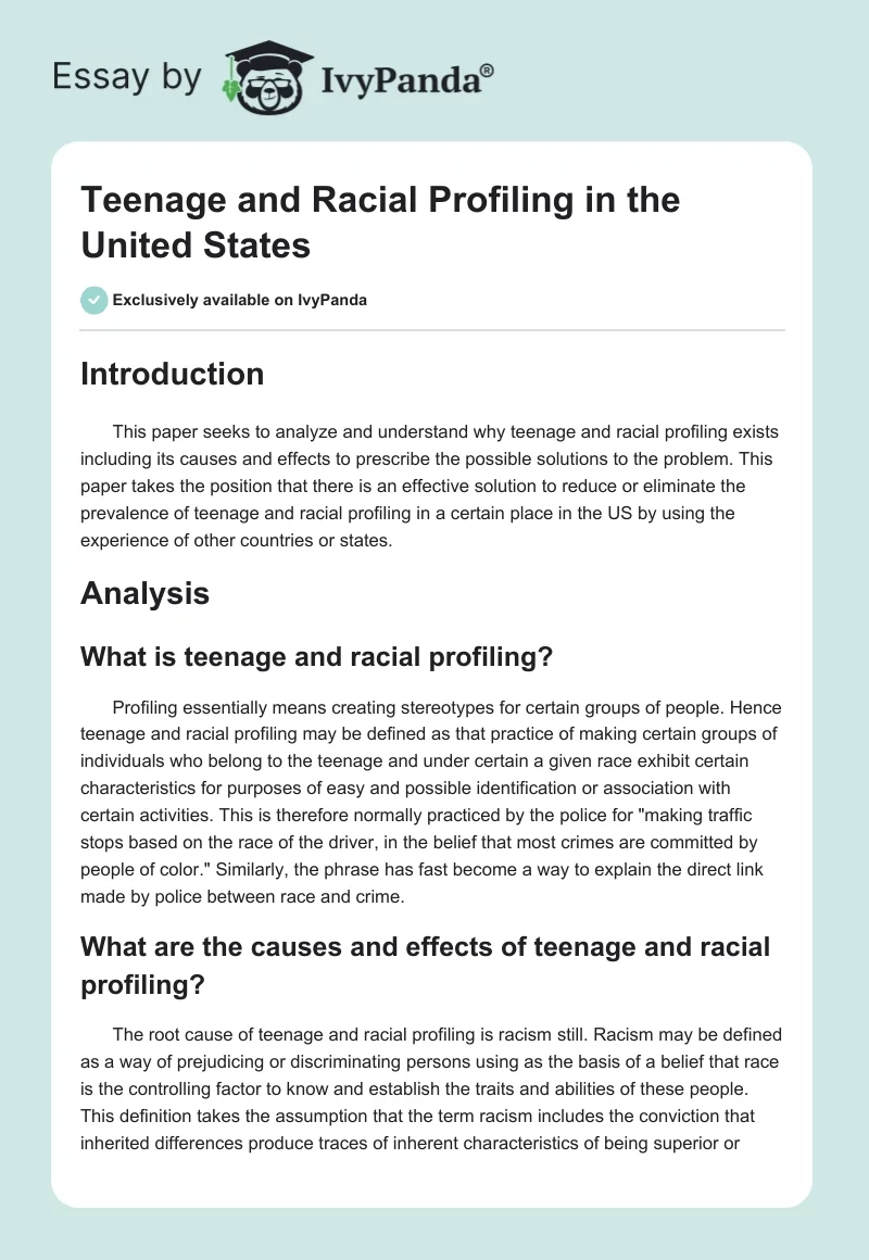 Teenage and Racial Profiling in the United States. Page 1