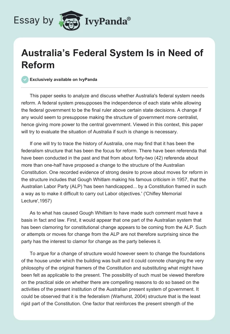 Australia’s Federal System Is in Need of Reform. Page 1