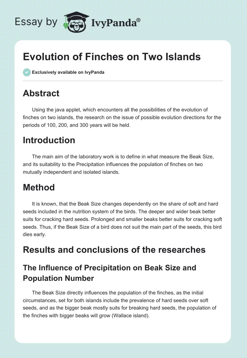 Evolution of Finches on Two Islands. Page 1