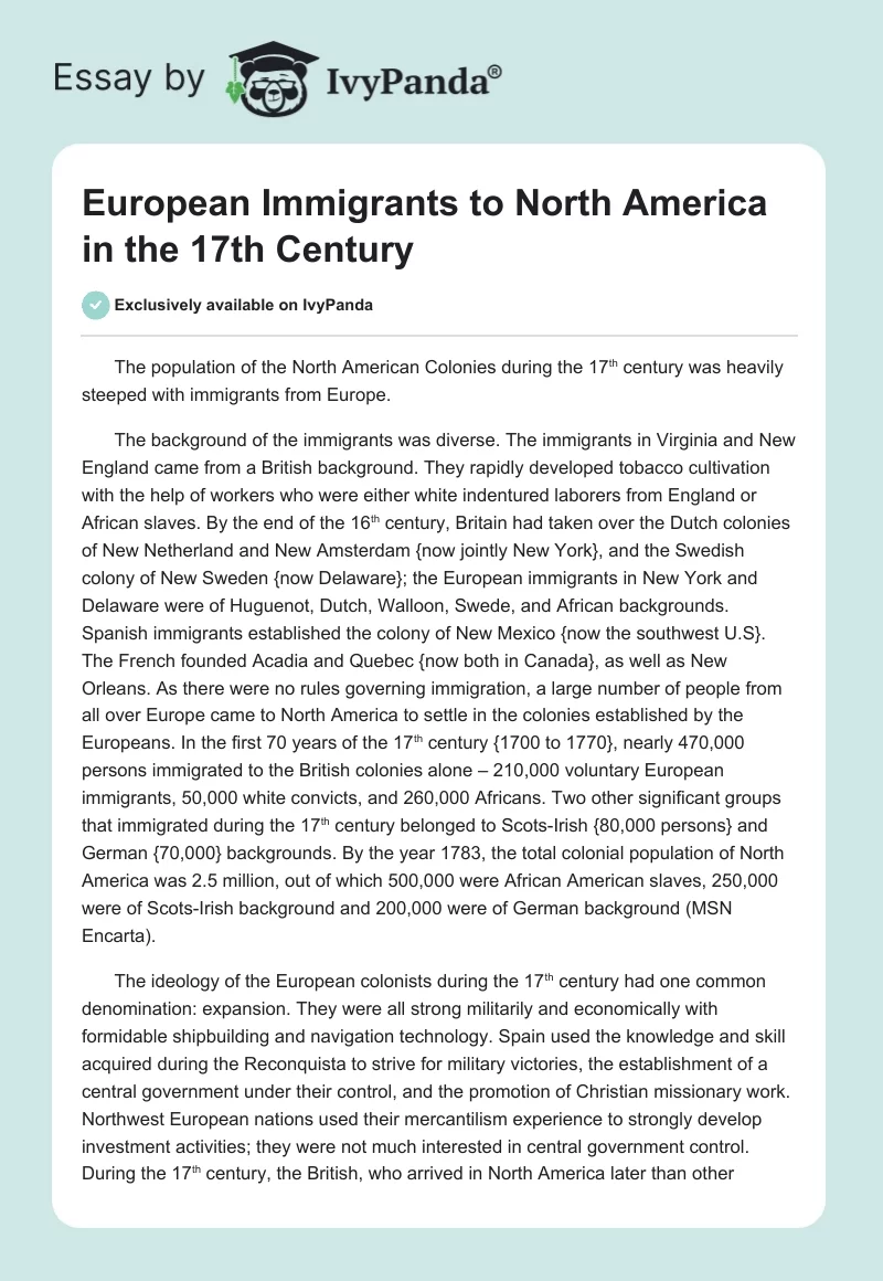 European Immigrants to North America in the 17th Century. Page 1