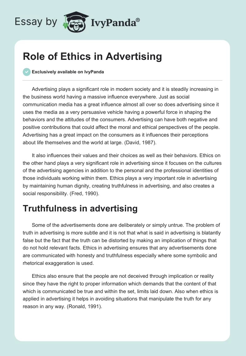Role of Ethics in Advertising. Page 1