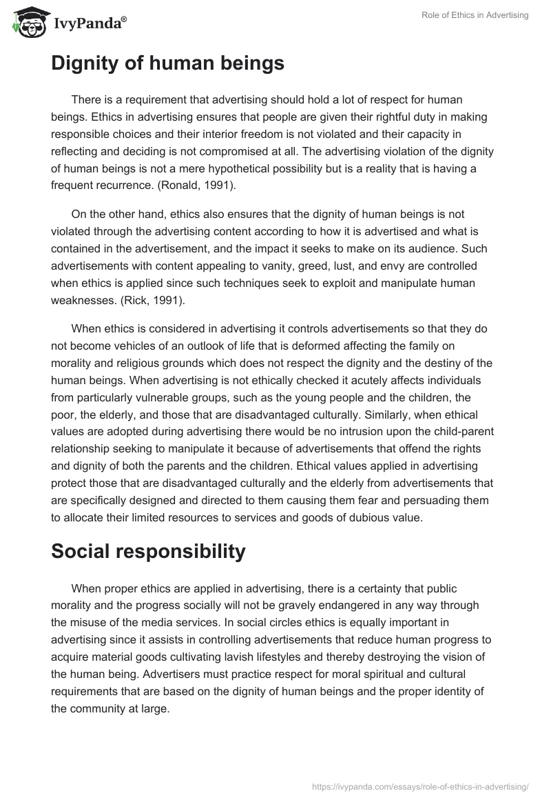 Role of Ethics in Advertising. Page 2