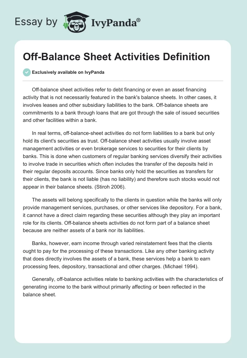 Off-Balance Sheet Activities Definition. Page 1