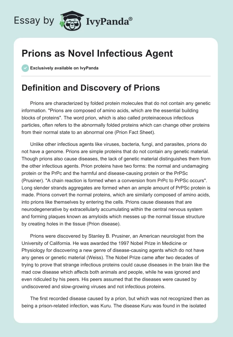 Prions as Novel Infectious Agent. Page 1