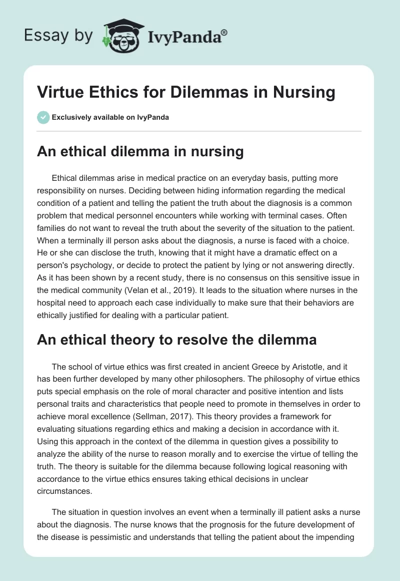 Virtue Ethics for Dilemmas in Nursing. Page 1