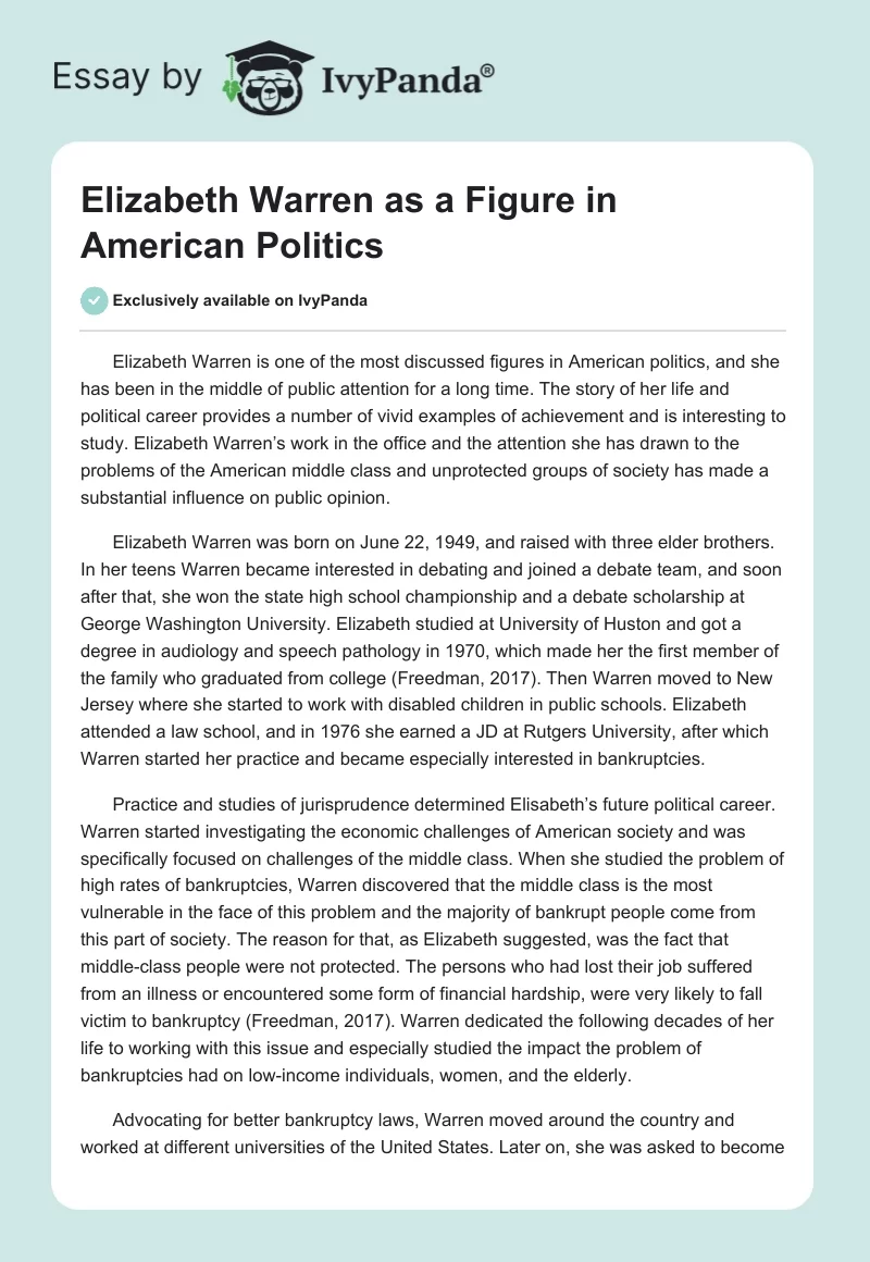 Elizabeth Warren as a Figure in American Politics. Page 1