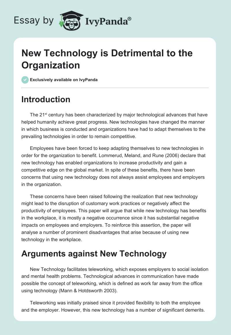 New Technology is Detrimental to the Organization. Page 1