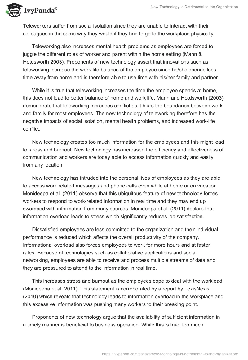 New Technology is Detrimental to the Organization. Page 2