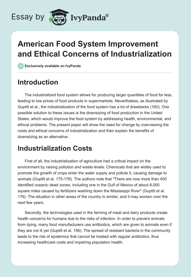 American Food System Improvement and Ethical Concerns of Industrialization. Page 1