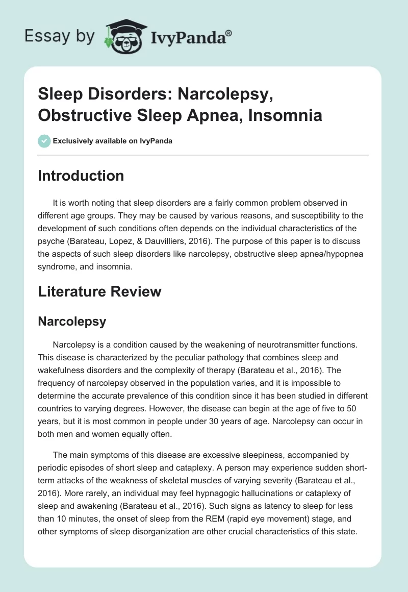 Sleep Disorders: Narcolepsy, Obstructive Sleep Apnea, Insomnia. Page 1