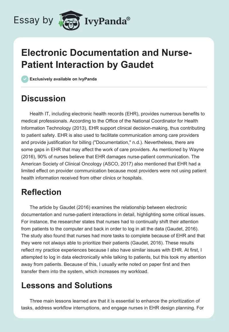 "Electronic Documentation and Nurse-Patient Interaction" by Gaudet. Page 1