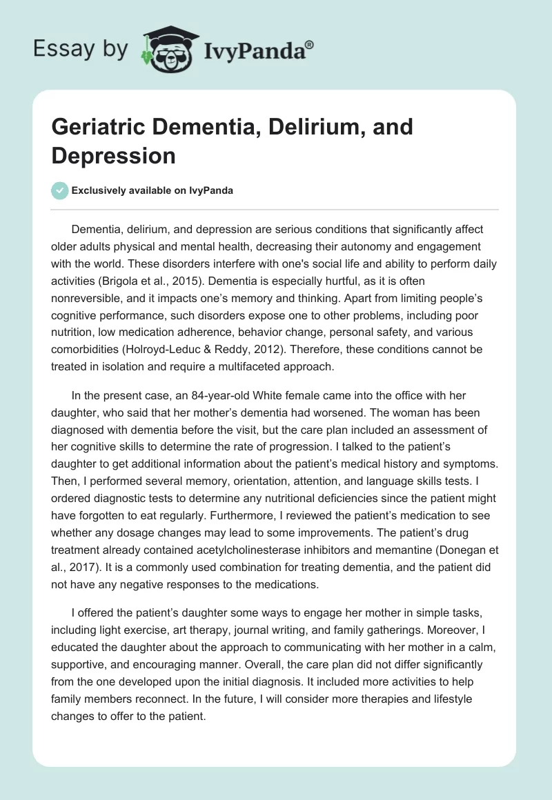 Geriatric Dementia, Delirium, and Depression. Page 1