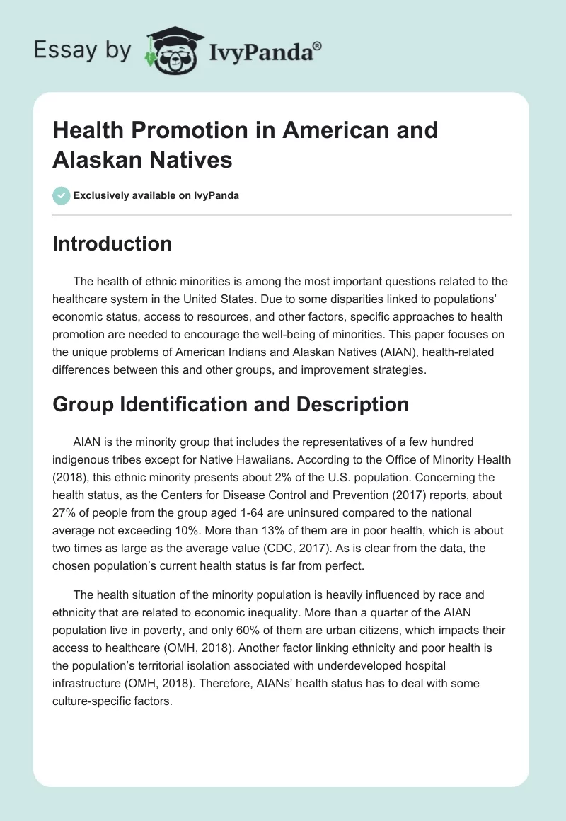 Health Promotion in American and Alaskan Natives. Page 1