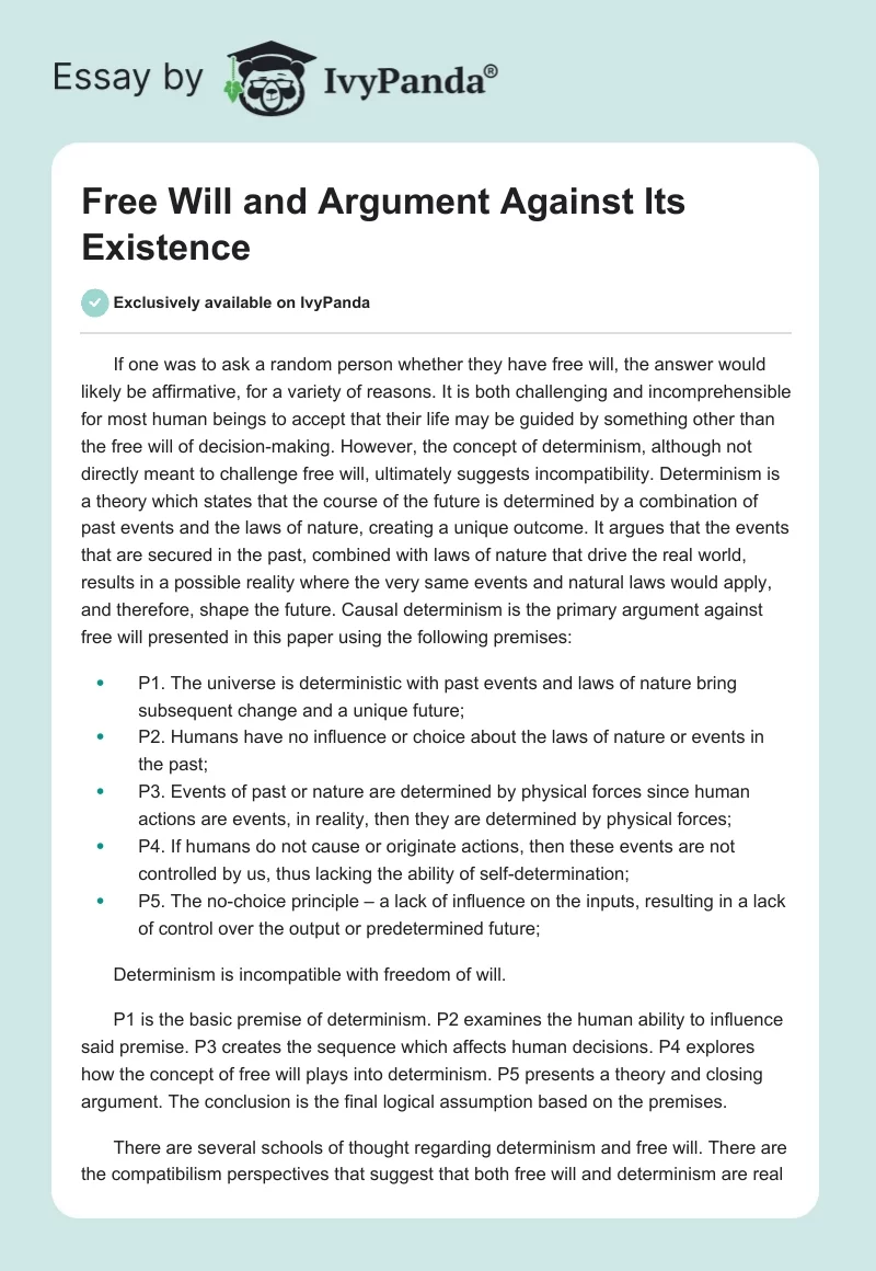 Free Will and Argument Against Its Existence. Page 1