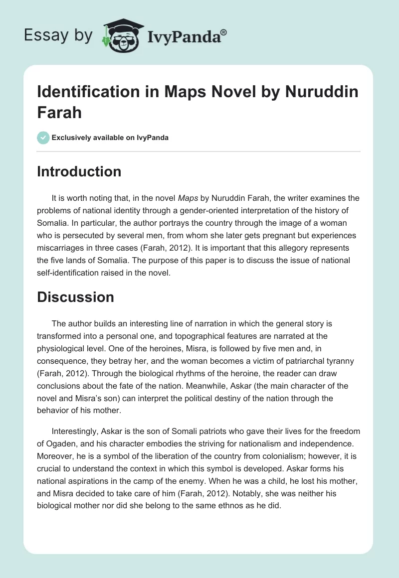 Identification in "Maps" Novel by Nuruddin Farah. Page 1