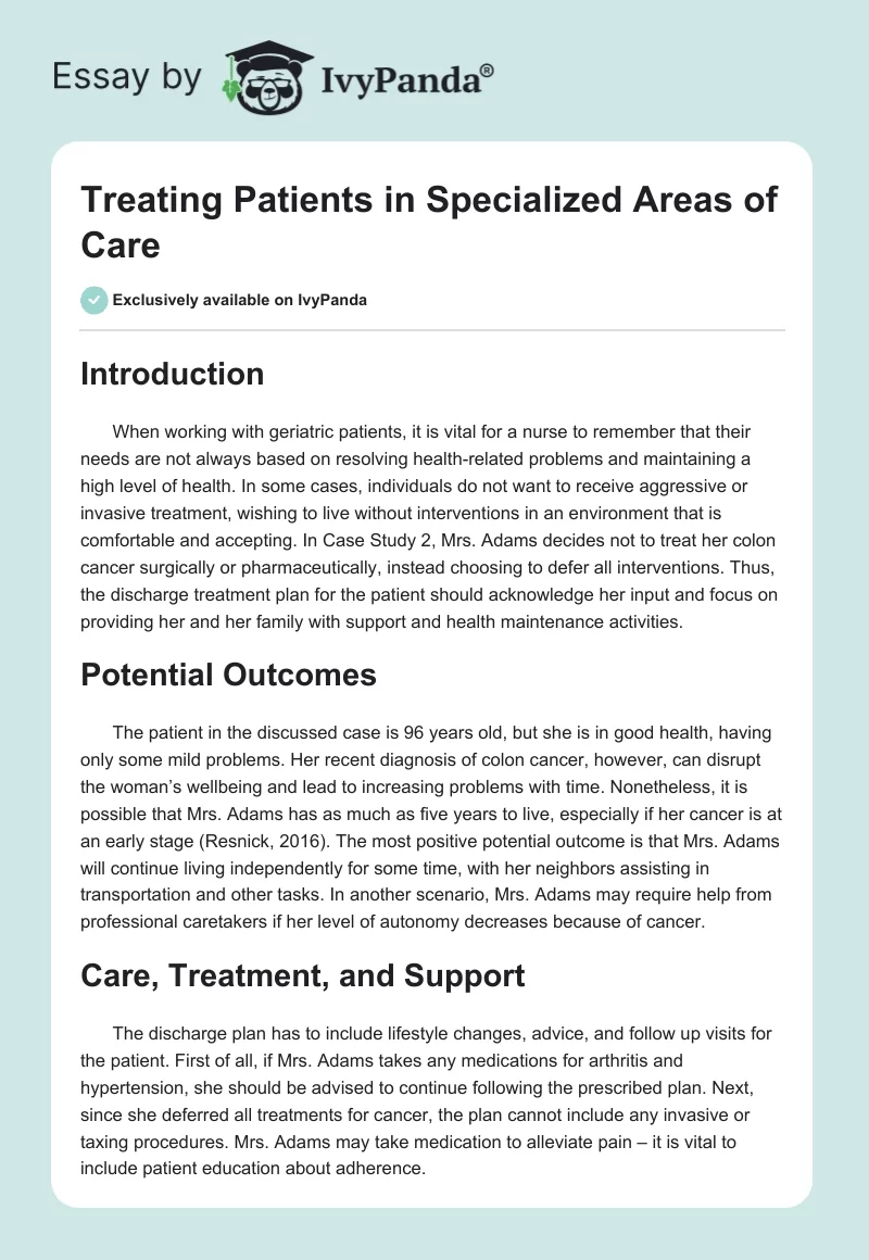 Treating Patients in Specialized Areas of Care. Page 1
