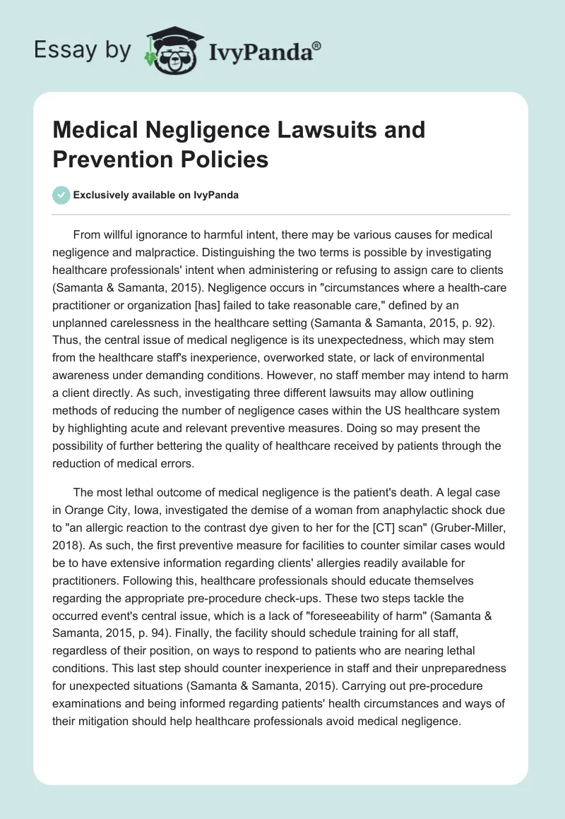 Medical Negligence Lawsuits and Prevention Policies. Page 1
