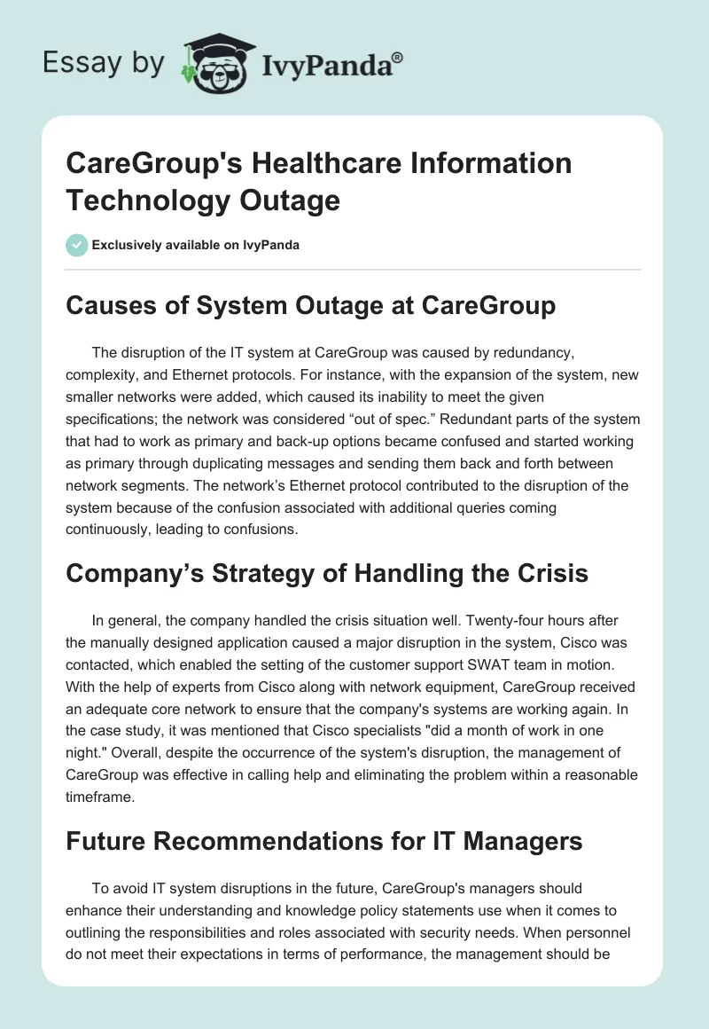 CareGroup's Healthcare Information Technology Outage. Page 1