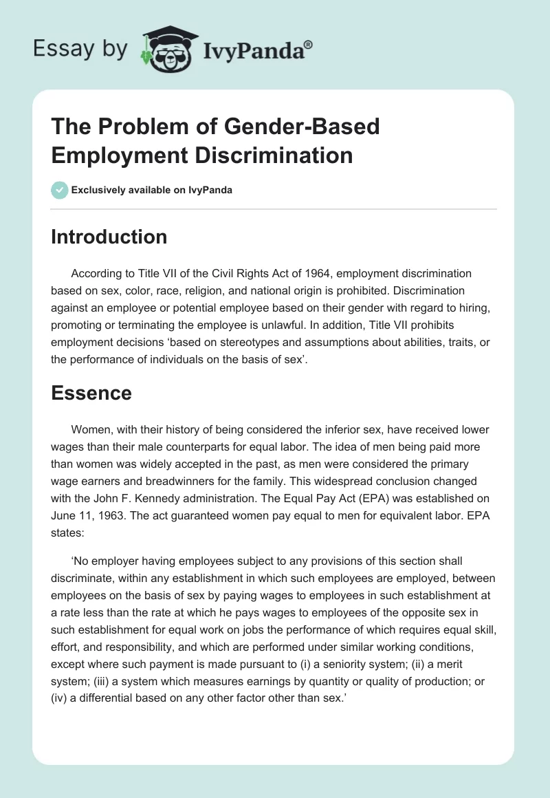 The Problem of Gender-Based Employment Discrimination. Page 1