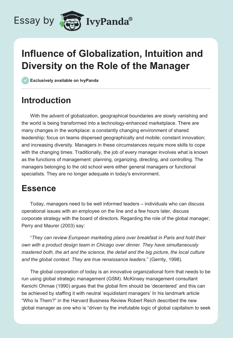 Influence of Globalization, Intuition and Diversity on the Role of the Manager. Page 1