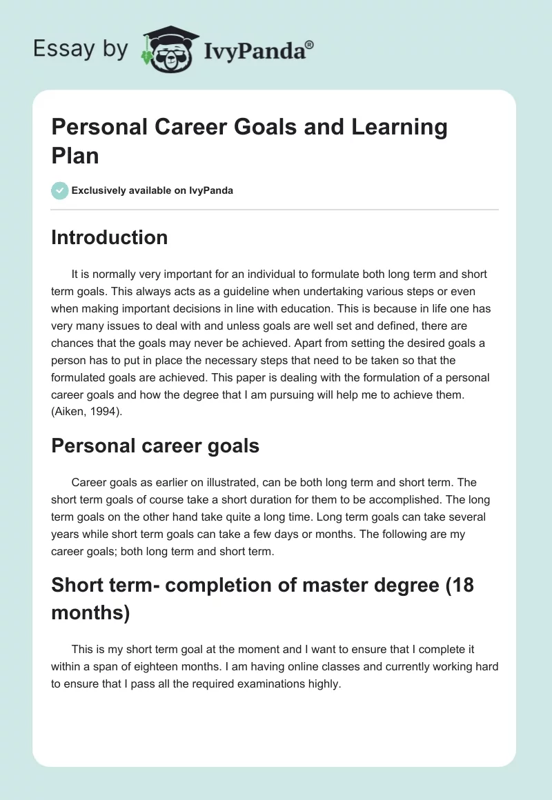Personal Career Goals and Learning Plan. Page 1