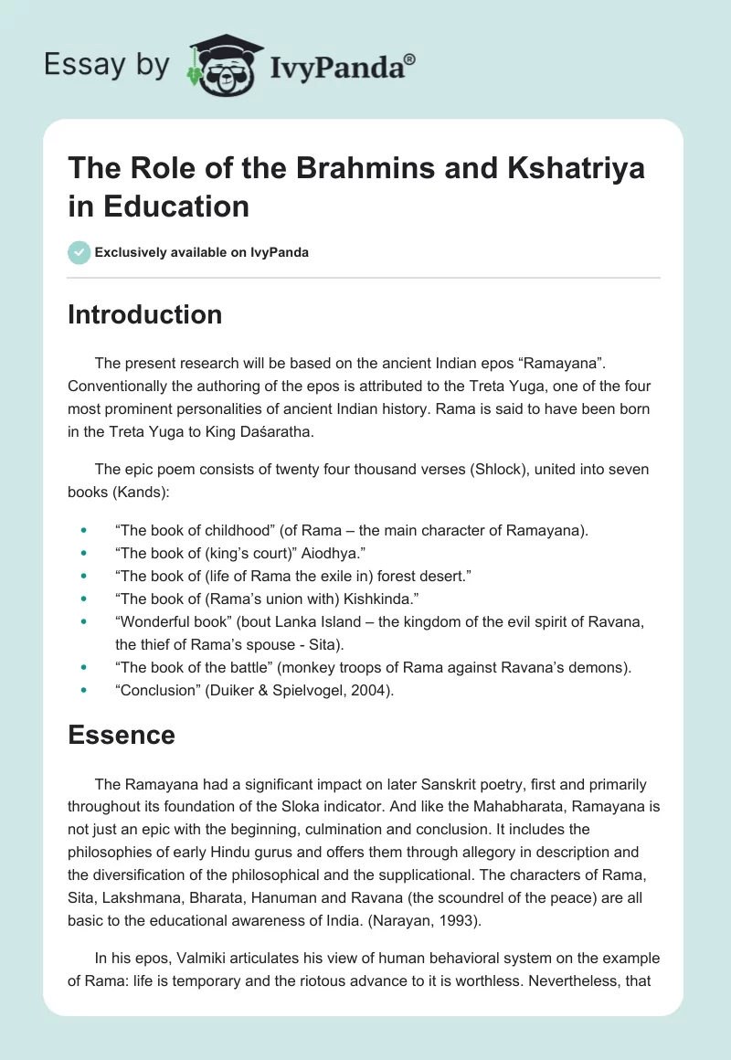 The Role of the Brahmins and Kshatriya in Education. Page 1