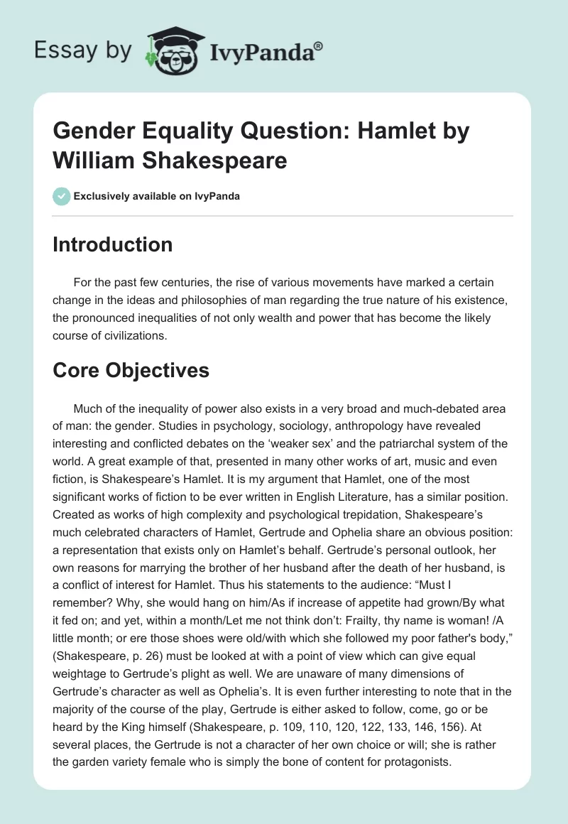 Gender Equality Question: "Hamlet" by William Shakespeare. Page 1