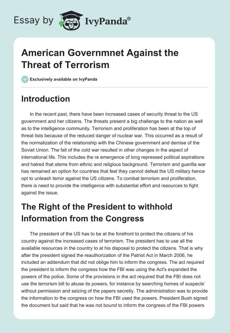 American Governmnet Against the Threat of Terrorism. Page 1