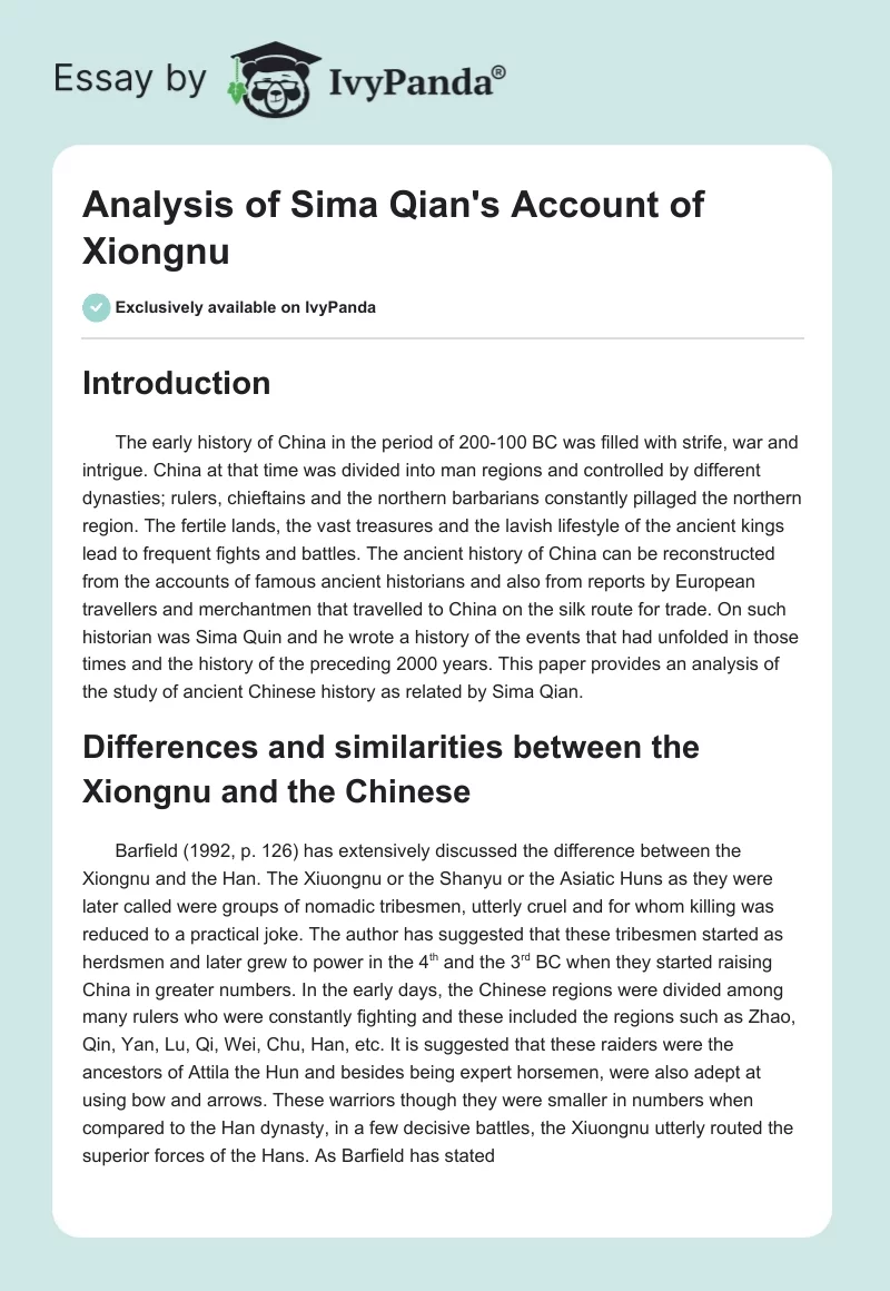 Analysis of Sima Qian's "Account of Xiongnu". Page 1