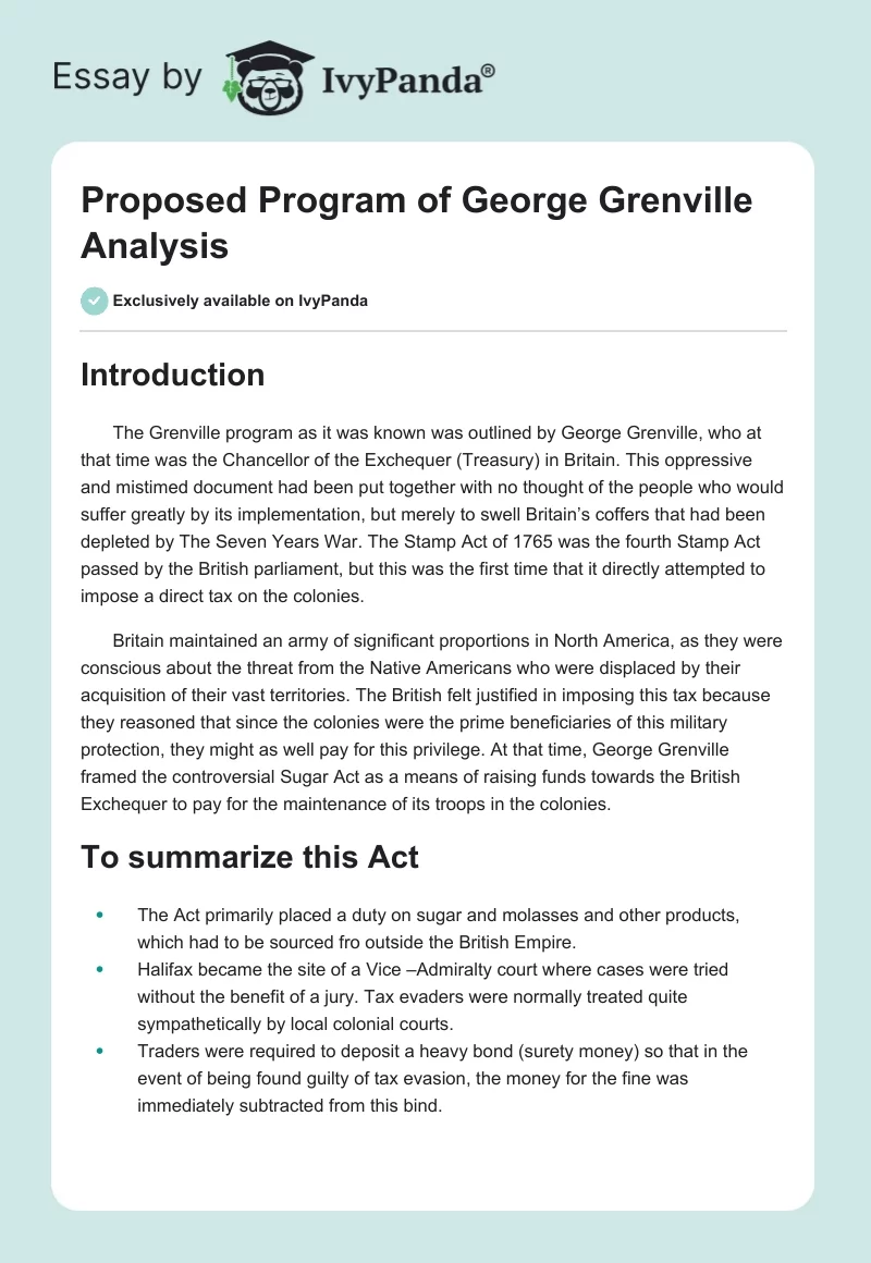 Proposed Program of George Grenville Analysis. Page 1