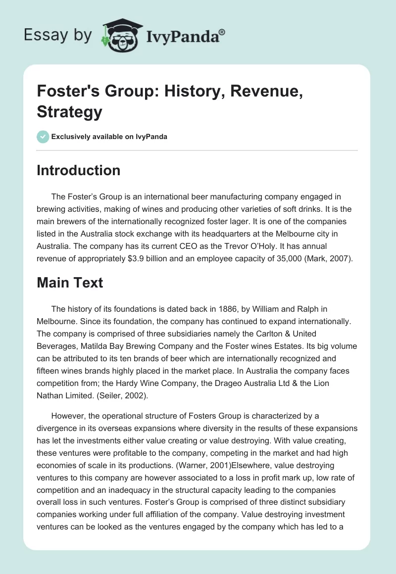 Foster's Group: History, Revenue, Strategy. Page 1