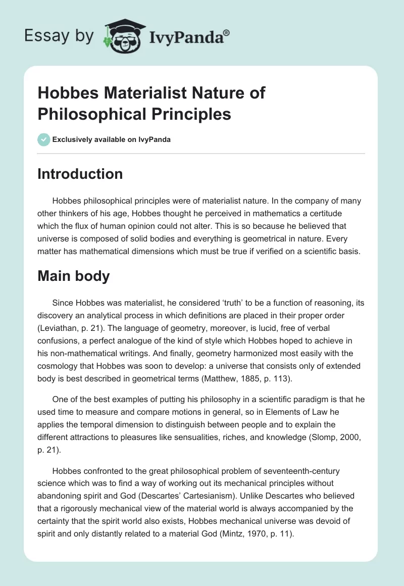 Hobbes Materialist Nature of Philosophical Principles. Page 1