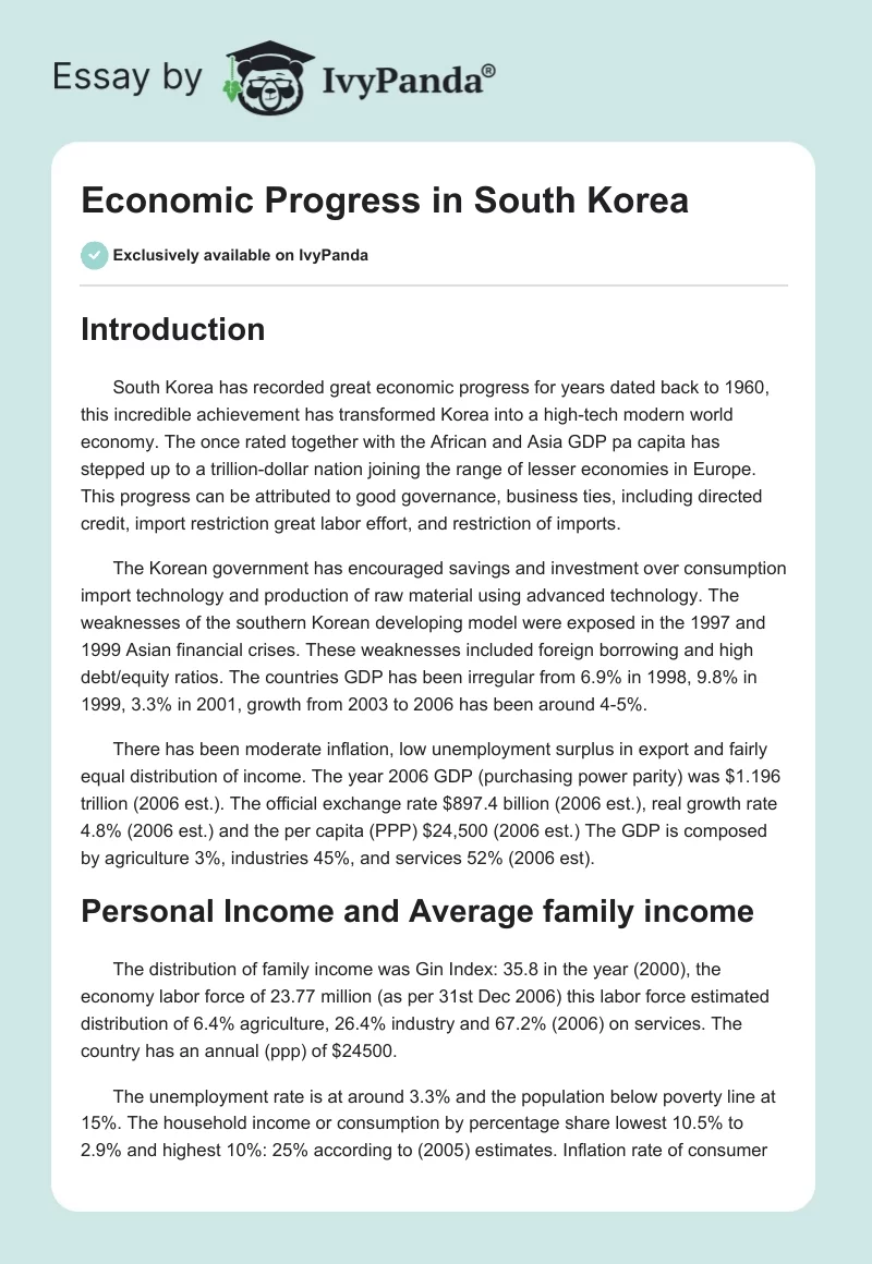 Economic Progress in South Korea. Page 1