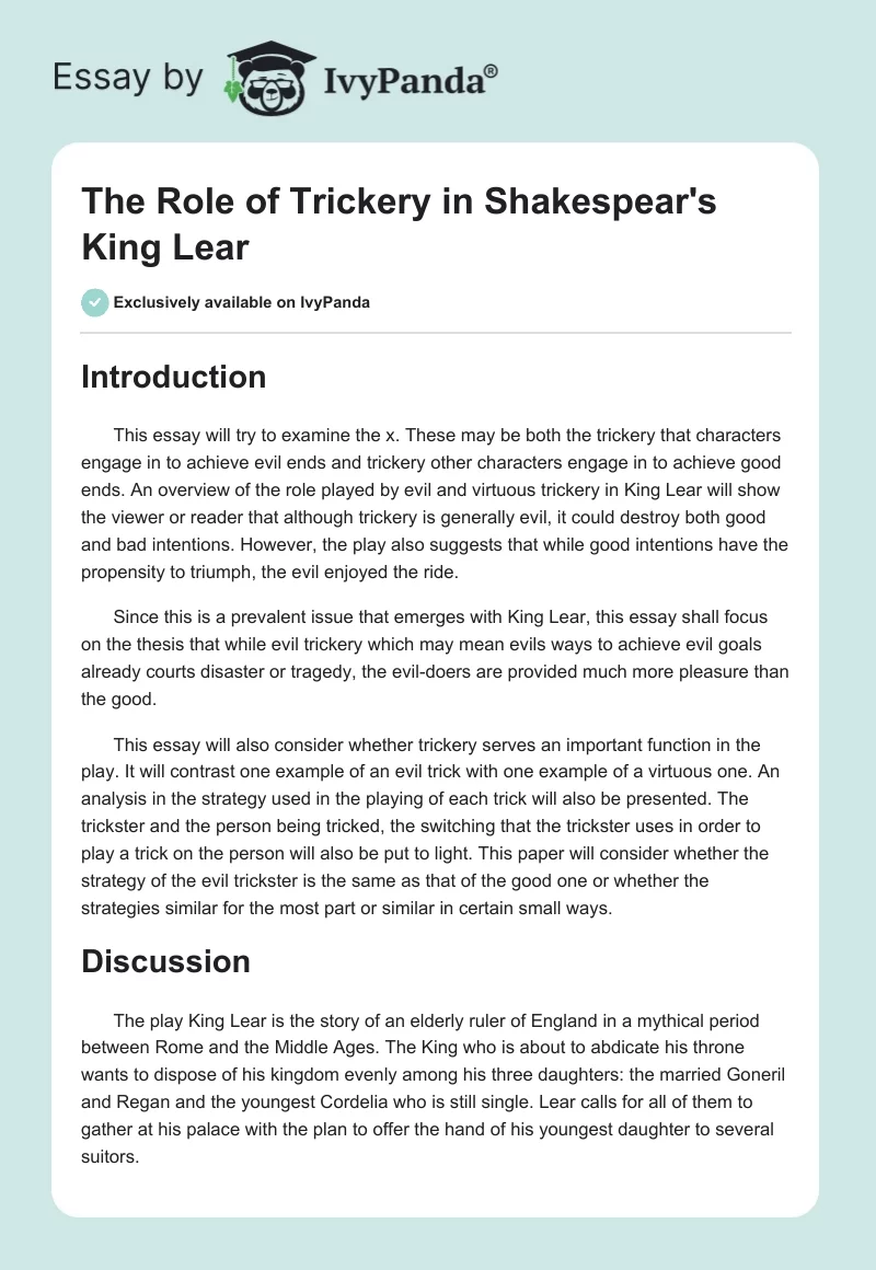 The Role of Trickery in Shakespear's "King Lear". Page 1