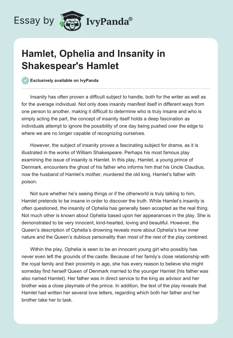 Hamlet, Ophelia and Insanity in Shakespear's "Hamlet". Page 1