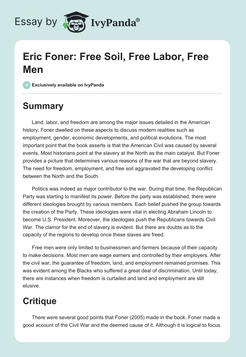 Eric Foner: Free Soil, Free Labor, Free Men. Page 1