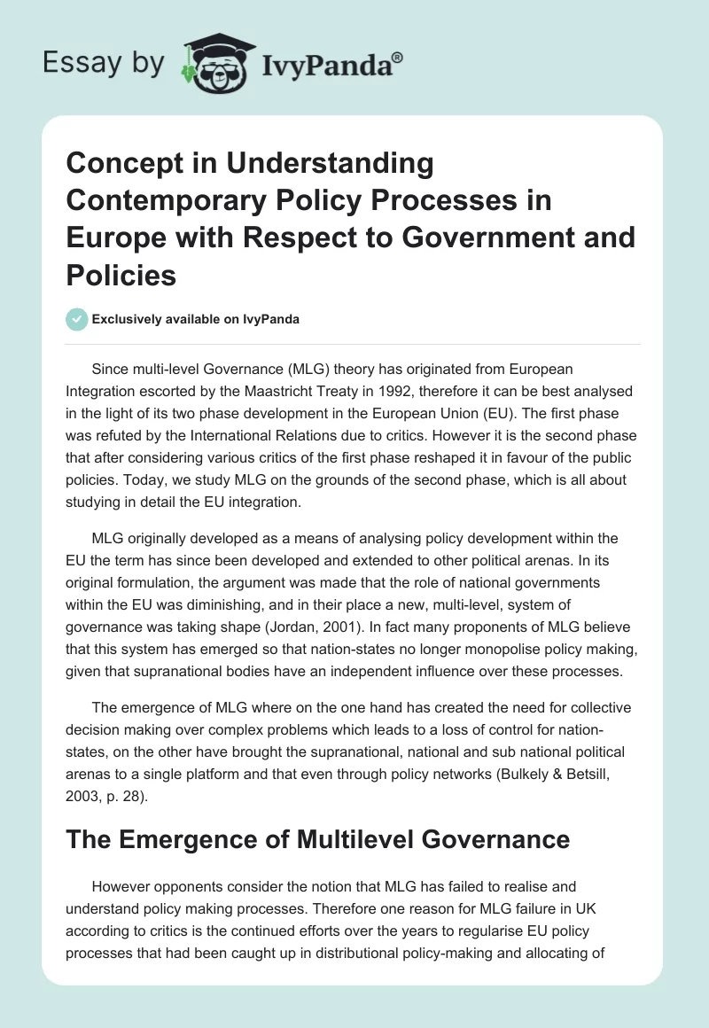 Concept in Understanding Contemporary Policy Processes in Europe with Respect to Government and Policies. Page 1