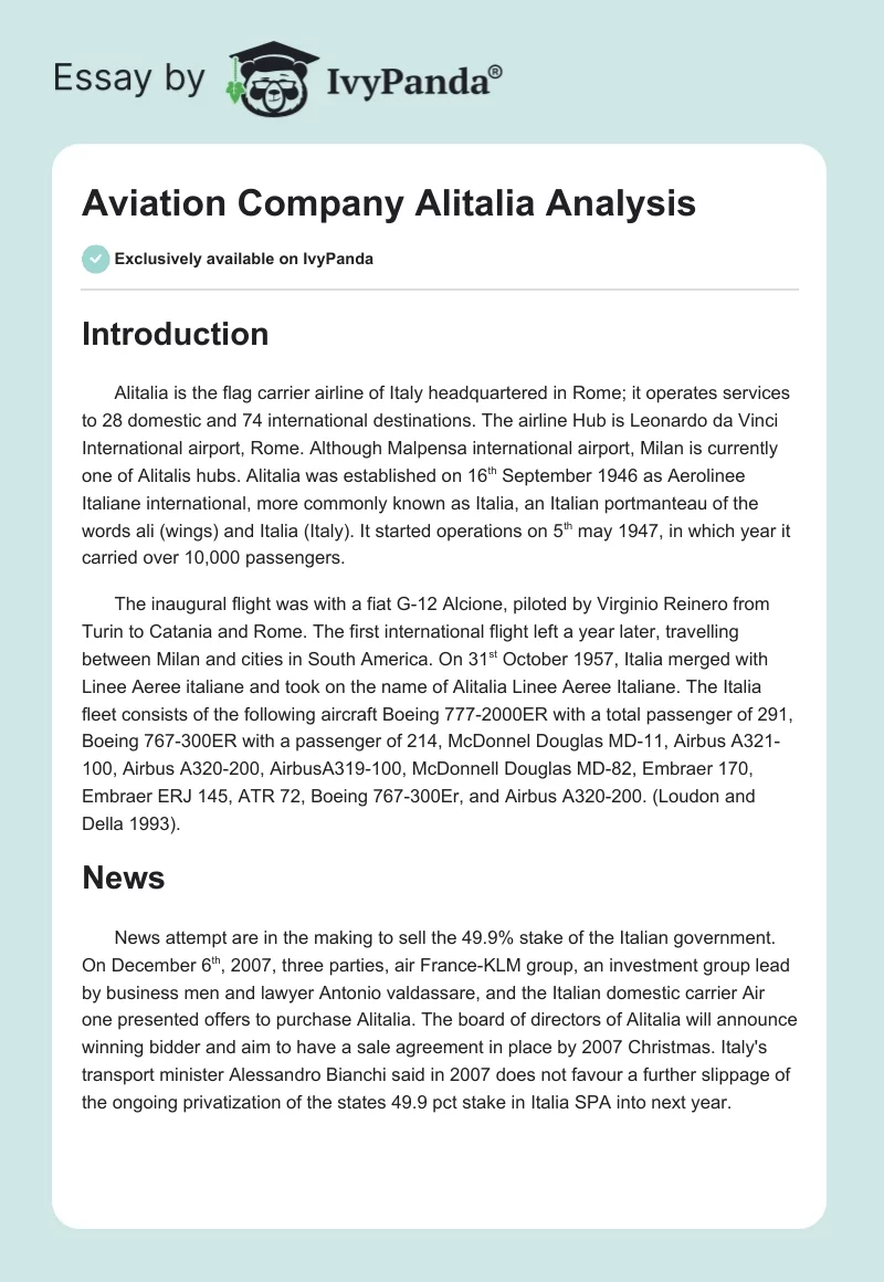 Aviation Company "Alitalia" Analysis. Page 1
