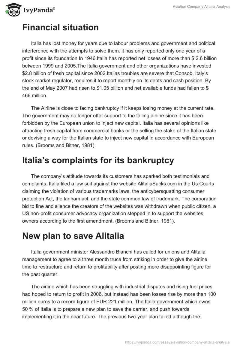 Aviation Company "Alitalia" Analysis. Page 2