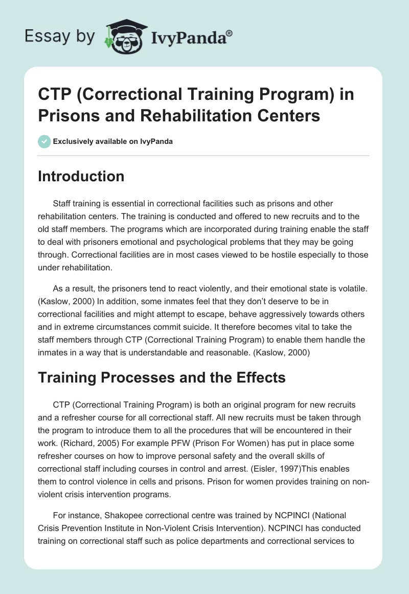 CTP (Correctional Training Program) in Prisons and Rehabilitation Centers. Page 1