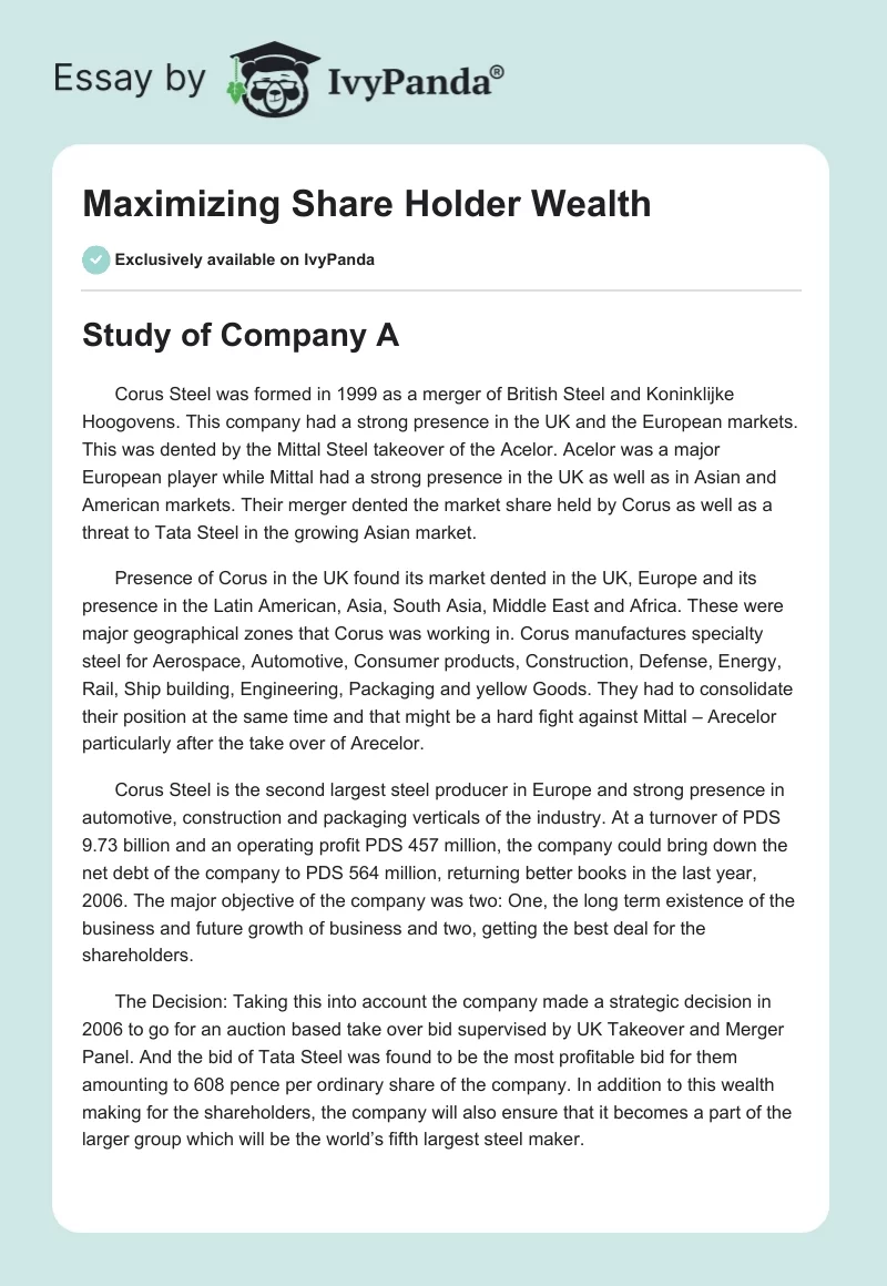 Maximizing Share Holder Wealth. Page 1