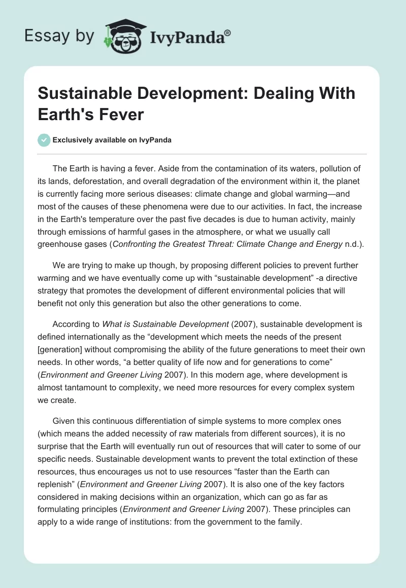 Sustainable Development: Dealing With Earth's Fever. Page 1