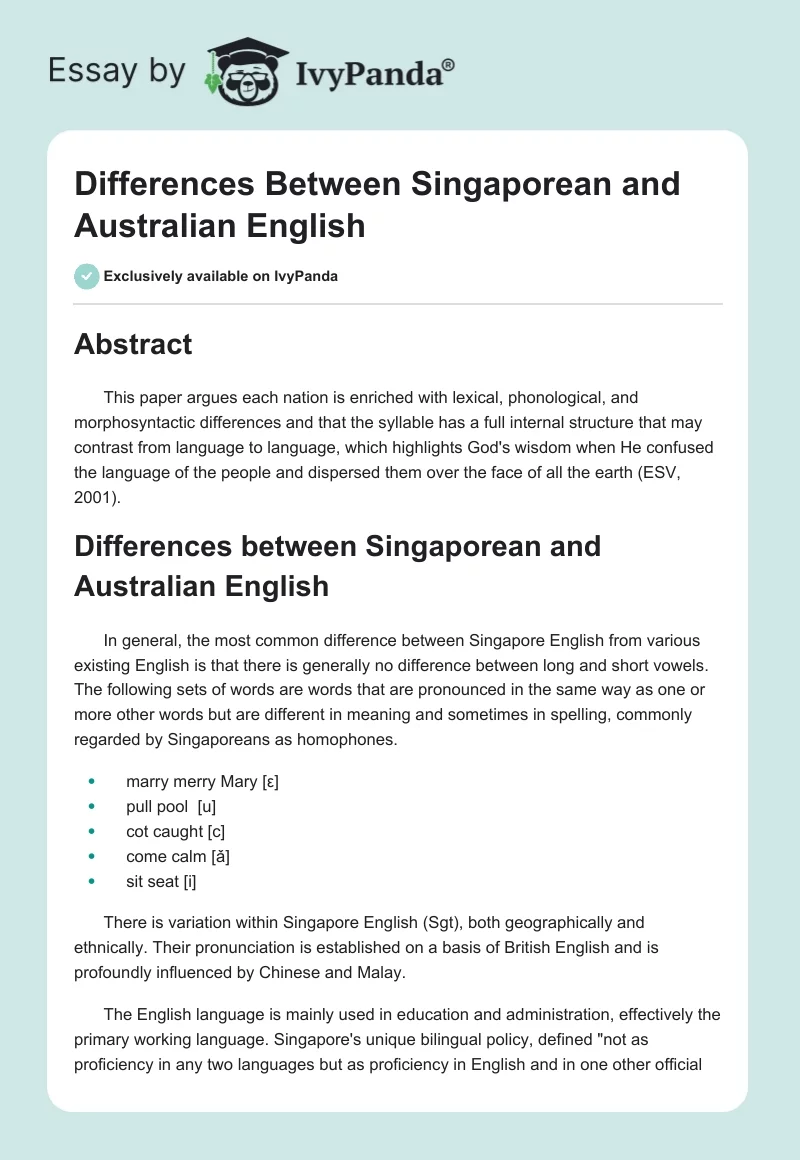 Differences Between Singaporean and Australian English. Page 1