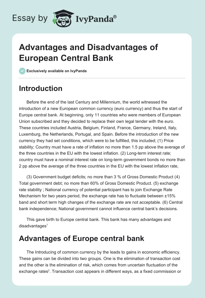 Advantages and Disadvantages of European Central Bank. Page 1
