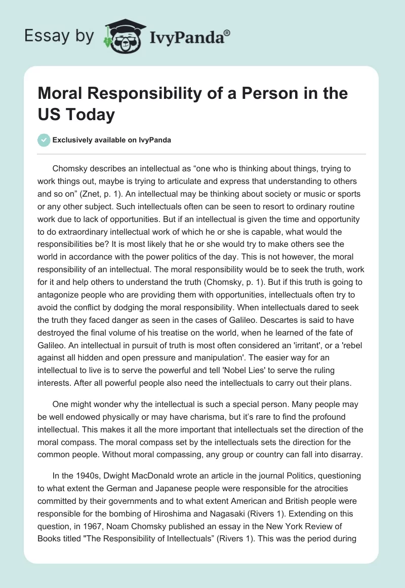 Moral Responsibility of a Person in the US Today. Page 1