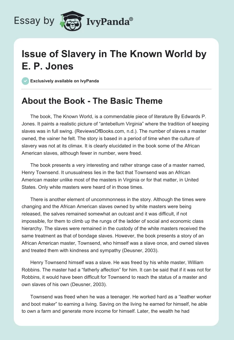 Issue of Slavery in "The Known World" by E. P. Jones. Page 1