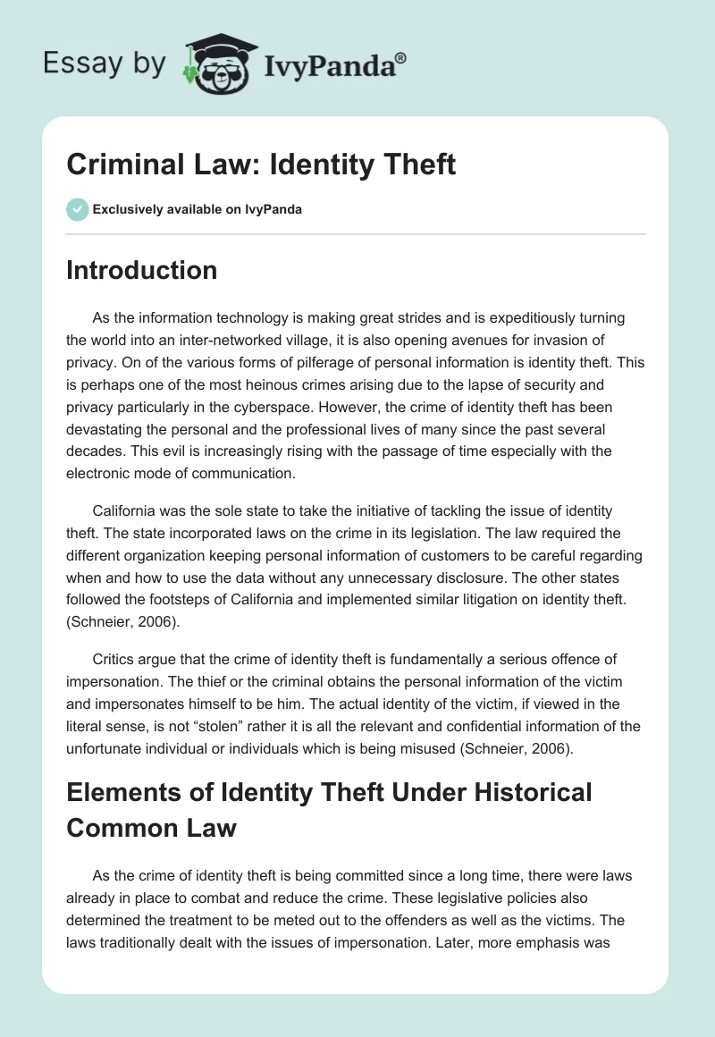 Criminal Law: Identity Theft. Page 1