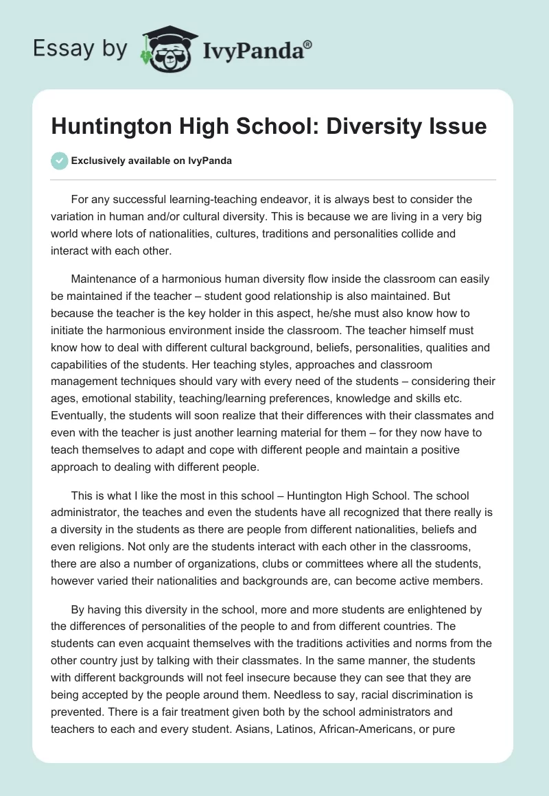 Huntington High School: Diversity Issue. Page 1