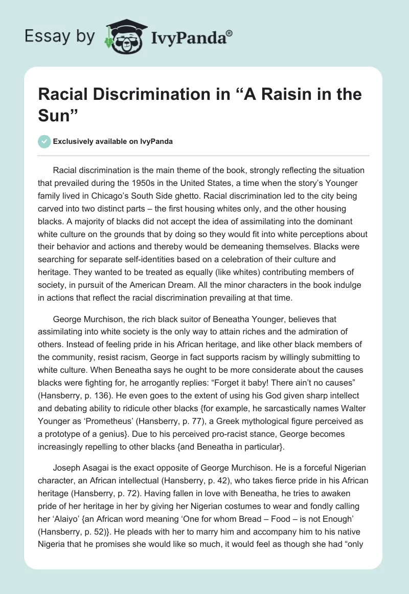 Racial Discrimination in “A Raisin in the Sun”. Page 1